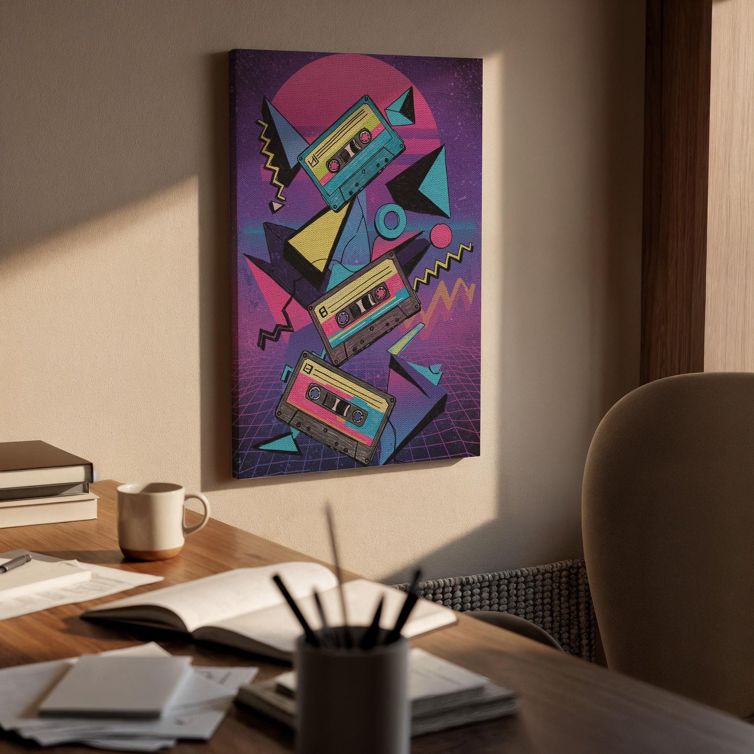 Retro Cassette Tape Canvas Wall Art, 80s Synthwave Music Print, Neon Vaporwave Style Framed Poster for Studio, Game Room or Teen Bedroom