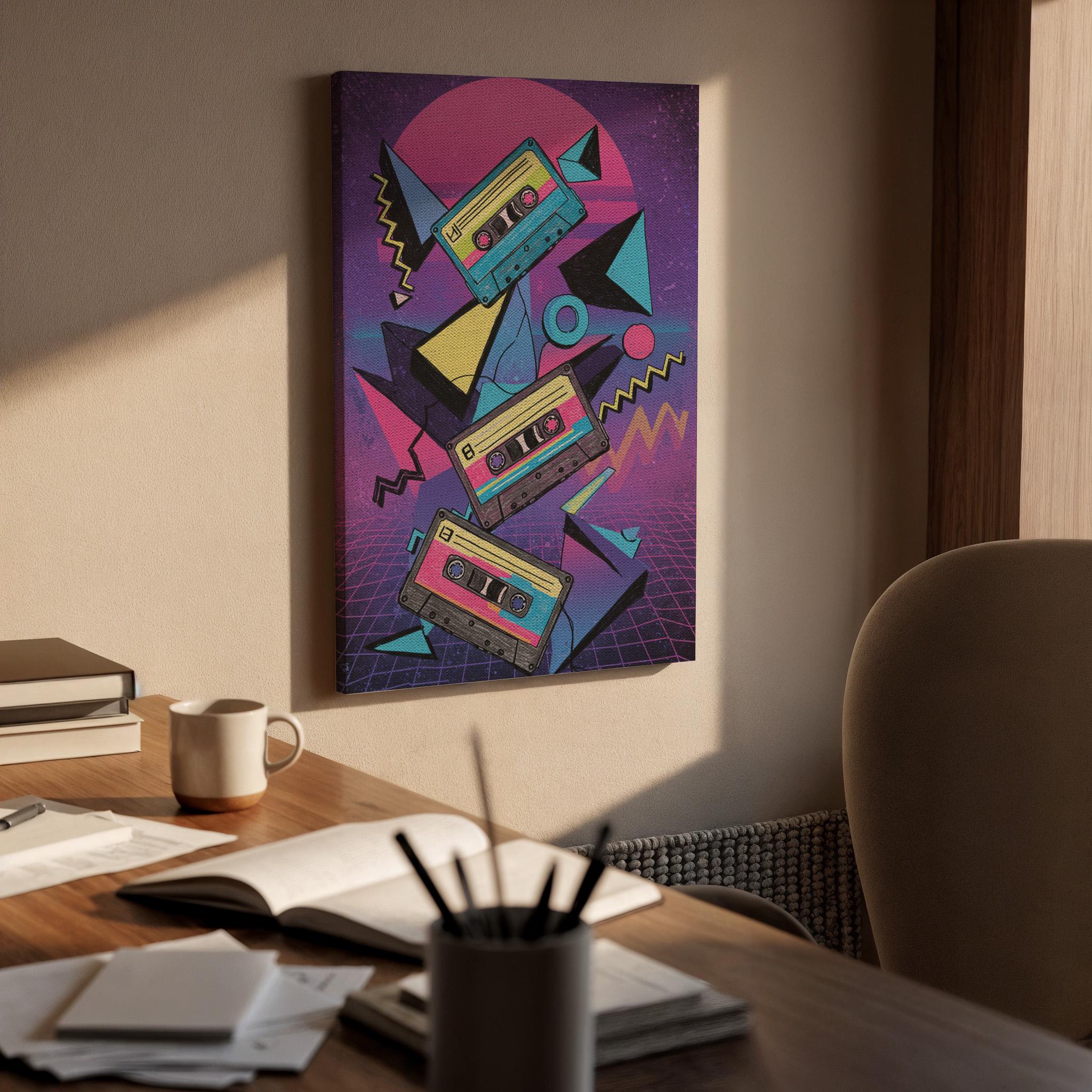 Retro Cassette Tape Canvas Wall Art, 80s Synthwave Music Print, Neon Vaporwave Style Framed Poster for Studio, Game Room or Teen Bedroom