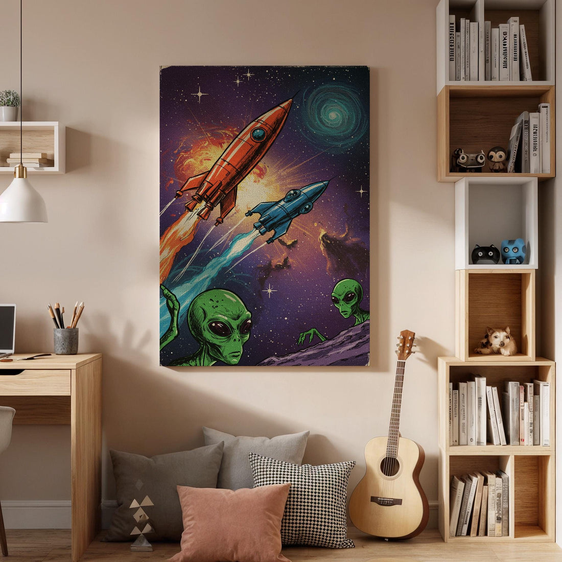 Retro Sci-Fi Alien Canvas Art, Framed Space Rocket Print