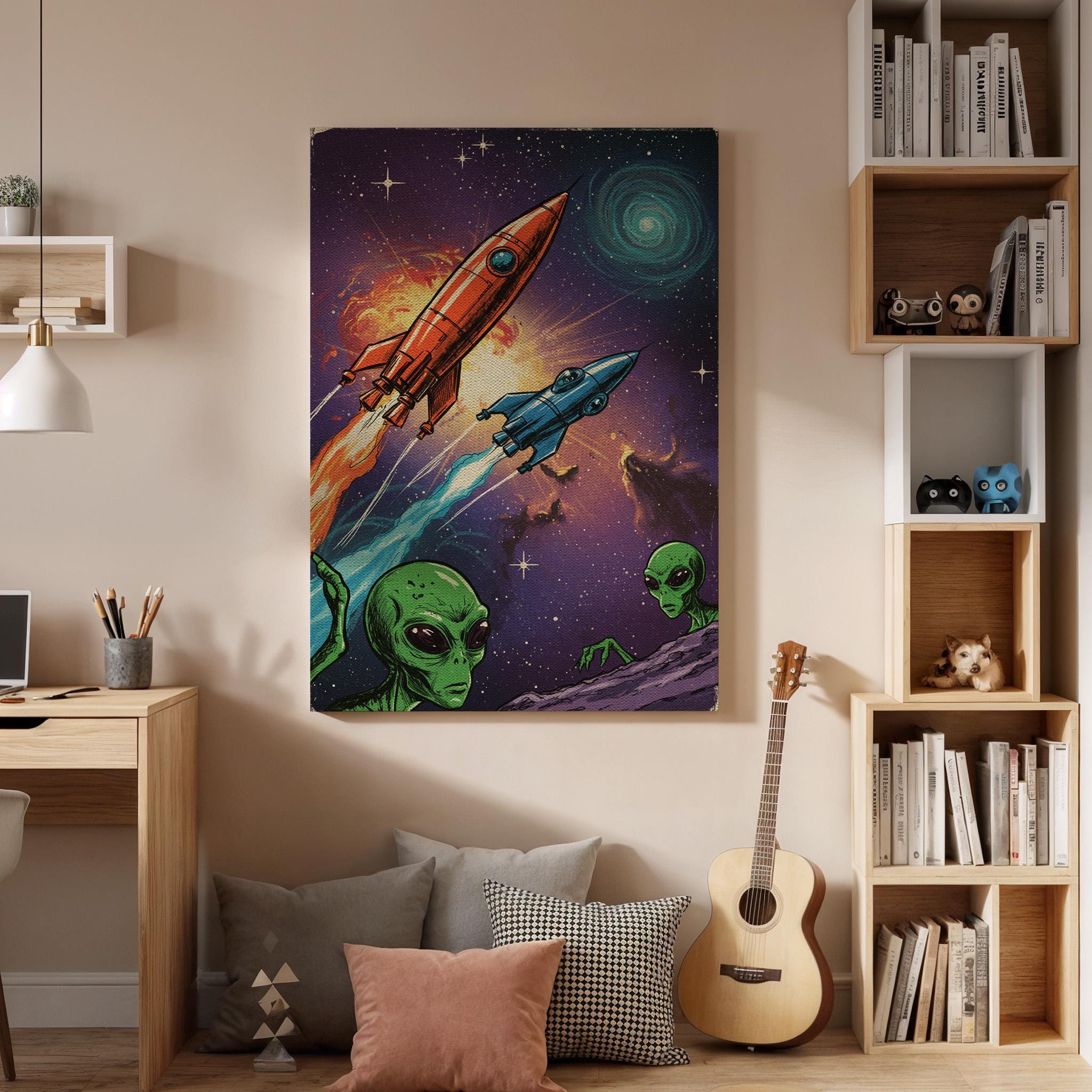 Retro Sci-Fi Alien Canvas Art, Framed Space Rocket Print