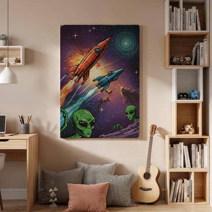 Retro Sci-Fi Alien Canvas Art, Framed Space Rocket Print