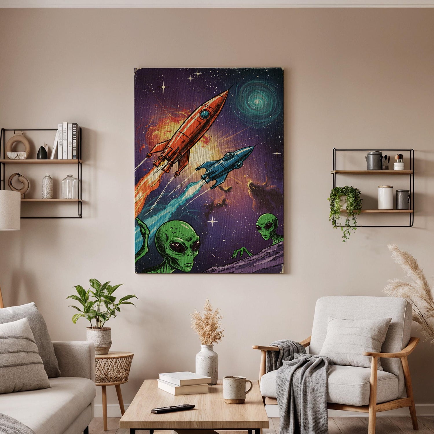 Retro Sci-Fi Alien Canvas Art, Framed Space Rocket Print