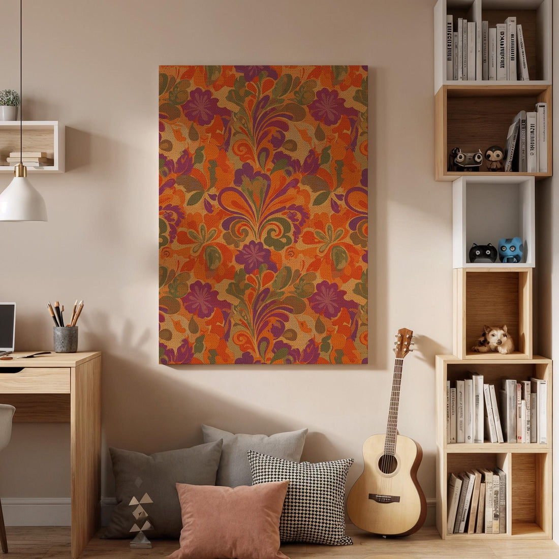 Retro Floral Damask Canvas Wall Art, 70s Vintage Inspired Framed Pattern Print, Colorful Boho Decor for Living Room, Entryway or Studio