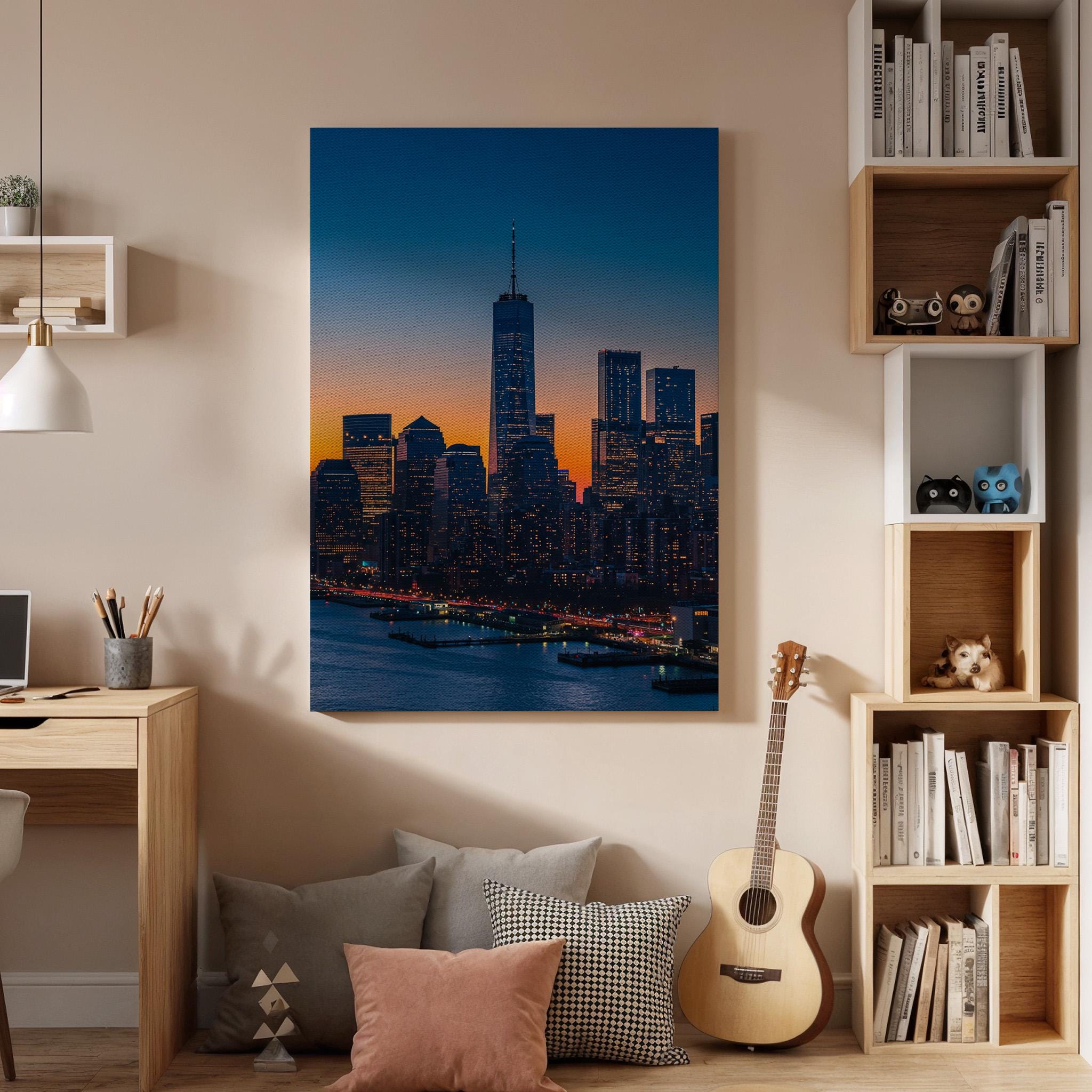 New York City Skyline Canvas Wall Art, Sunset Cityscape Print with Skyscrapers, Framed Modern Urban Decor for Living Room or Office