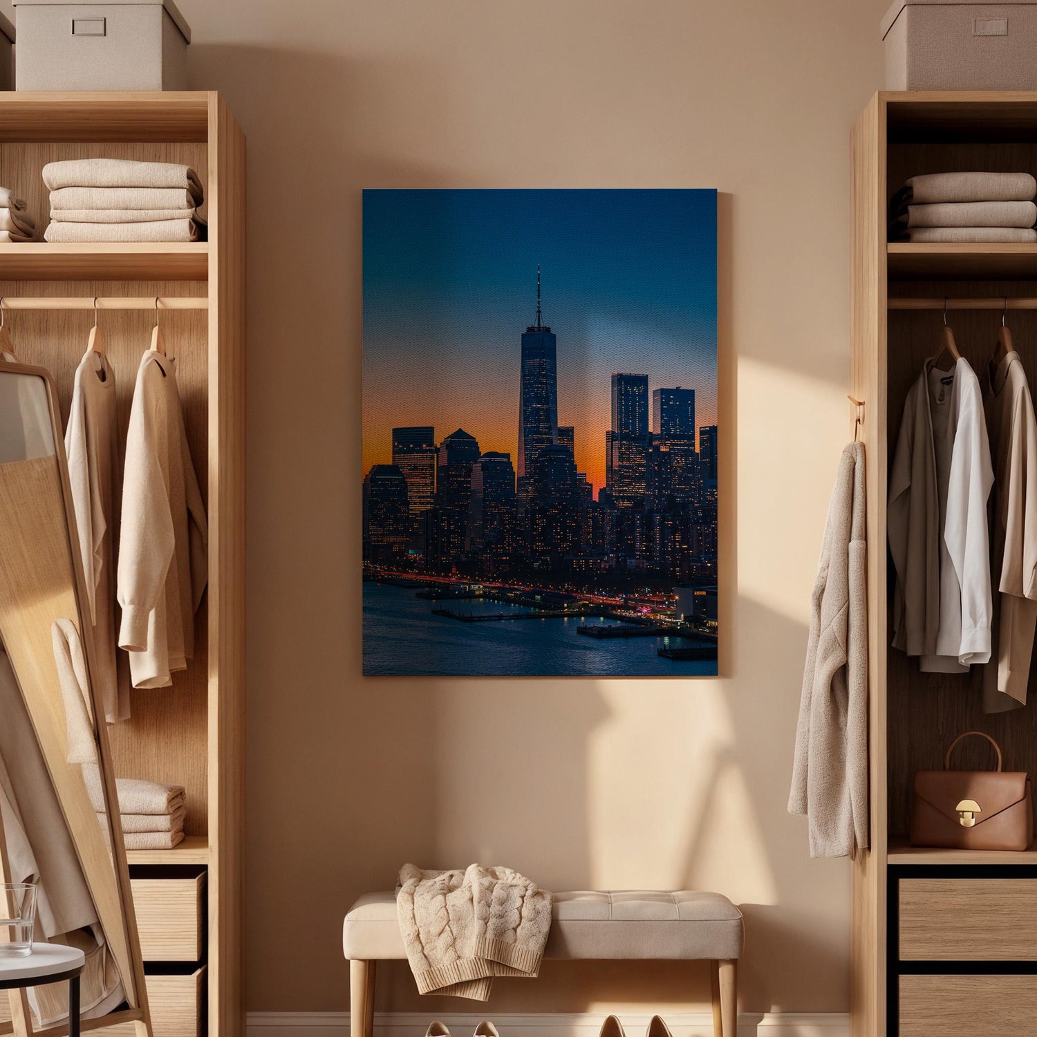New York City Skyline Canvas Wall Art, Sunset Cityscape Print with Skyscrapers, Framed Modern Urban Decor for Living Room or Office