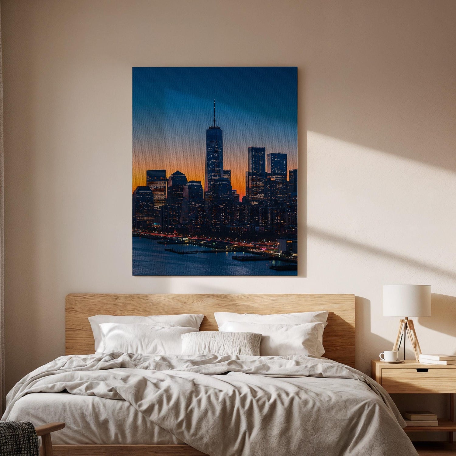 New York City Skyline Canvas Wall Art, Sunset Cityscape Print with Skyscrapers, Framed Modern Urban Decor for Living Room or Office