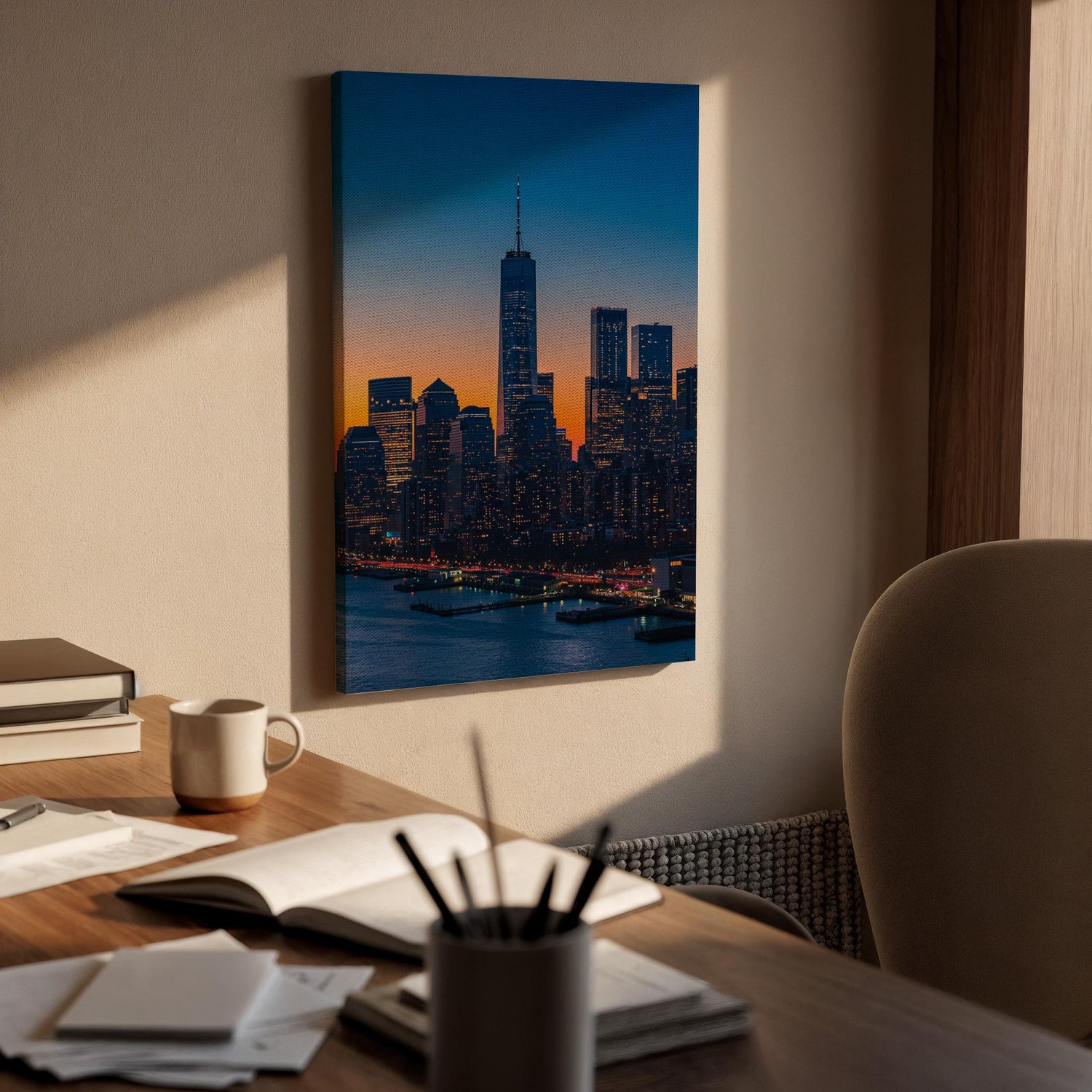 New York City Skyline Canvas Wall Art, Sunset Cityscape Print with Skyscrapers, Framed Modern Urban Decor for Living Room or Office