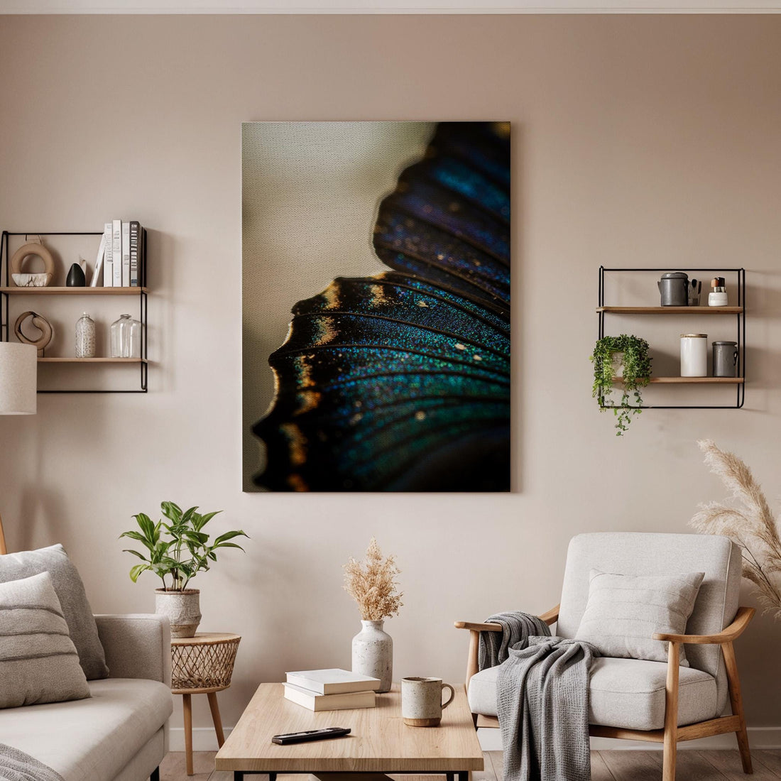Butterfly Wing Canvas Wall Art, Macro Nature Print, Iridescent Colors, Abstract Insect Decor, Modern Minimal Framed Artwork for Living Room