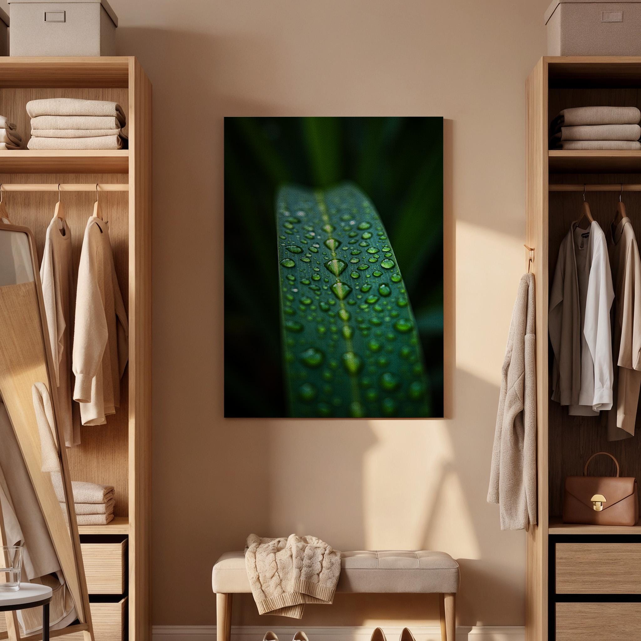 Dew Drops Leaf Canvas Wall Art, Macro Nature Photography Print, Green Botanical Decor, Framed Minimal Artwork for Living Room or Office