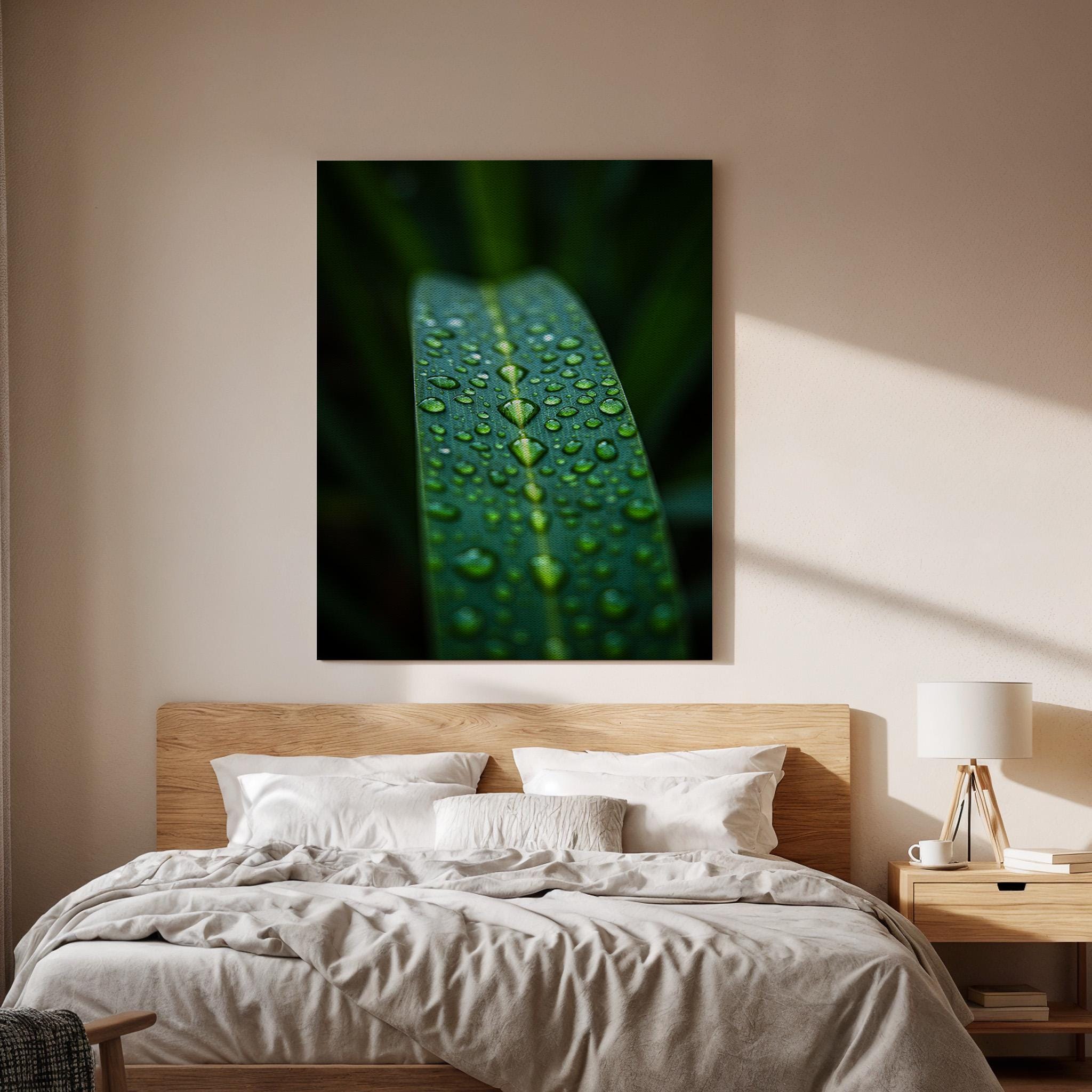 Dew Drops Leaf Canvas Wall Art, Macro Nature Photography Print, Green Botanical Decor, Framed Minimal Artwork for Living Room or Office