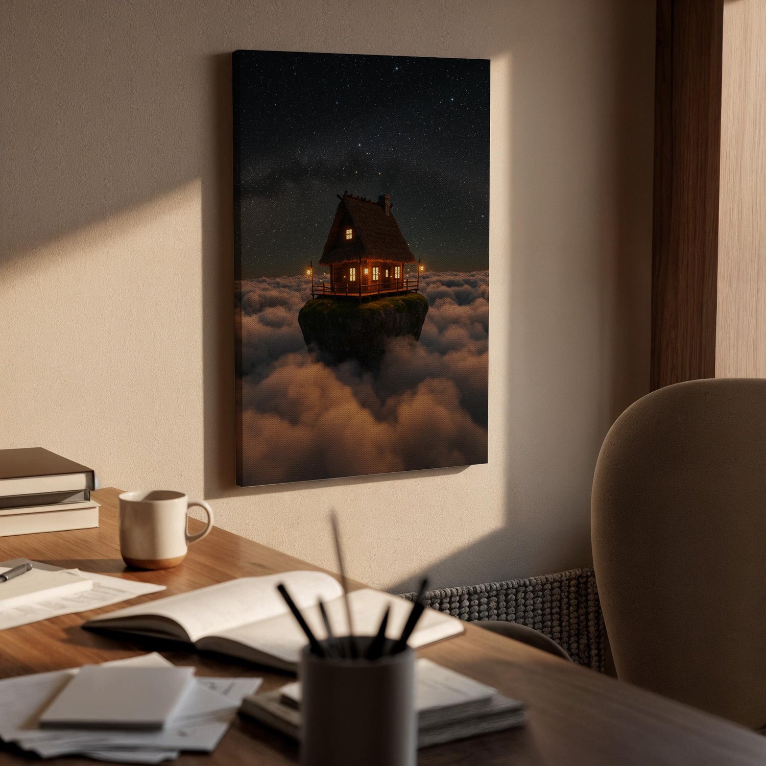 Floating Cabin Canvas Print, Fantasy Night Sky, Surreal Dreamscape