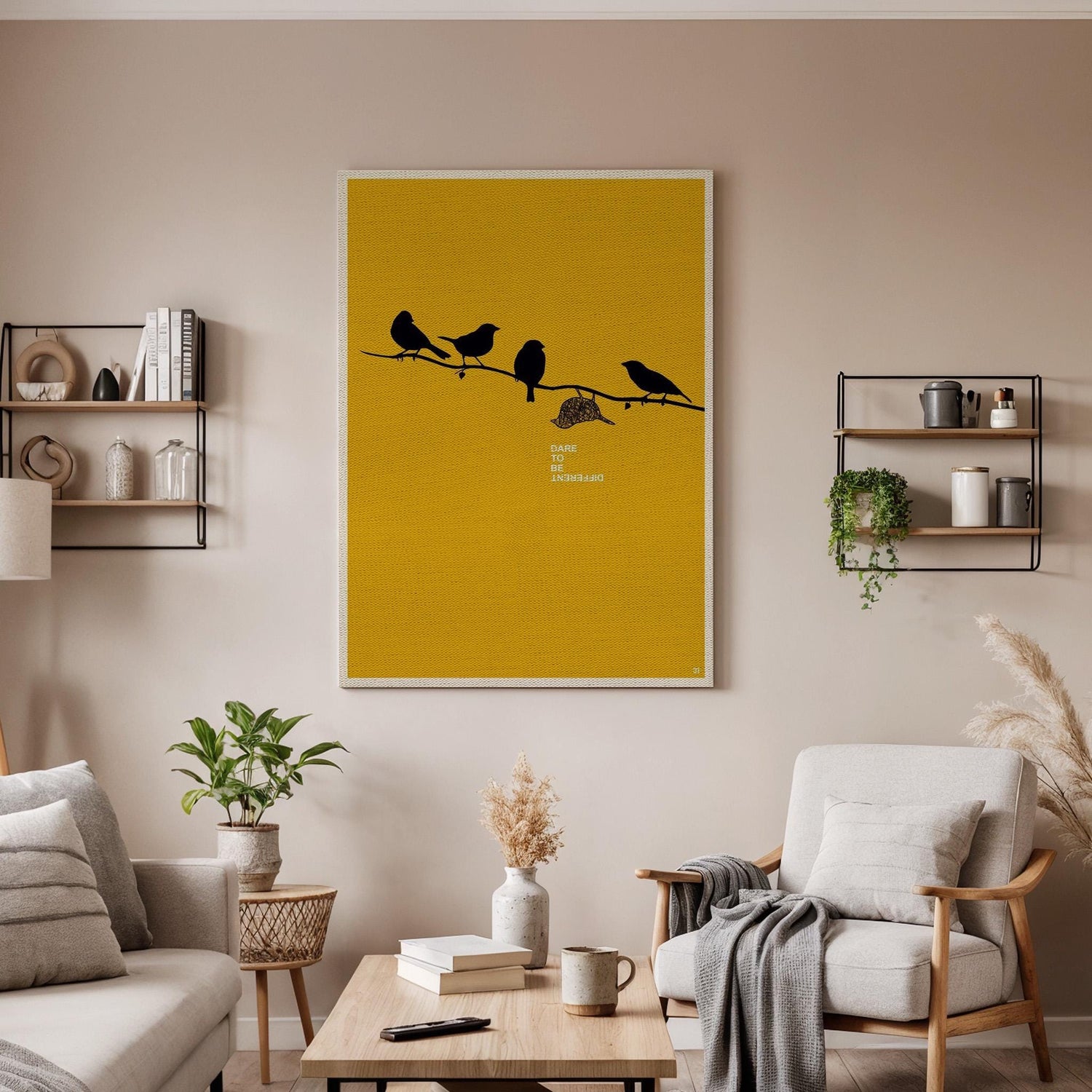 Bird Silhouette Canvas Wall Art, Minimal Yellow Print, Dare to Be Different Inspirational Decor, Framed Modern Artwork for Home or Office