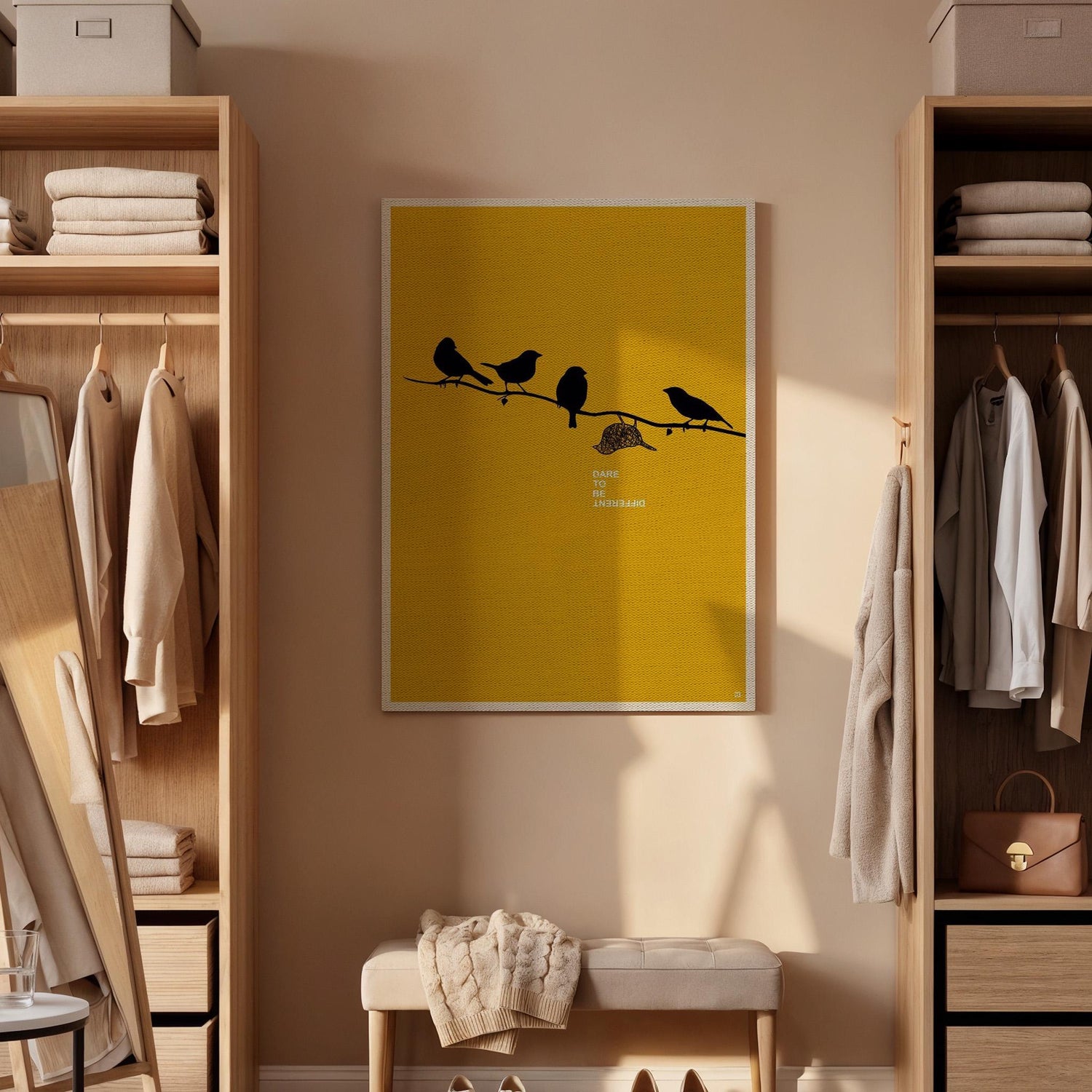 Bird Silhouette Canvas Wall Art, Minimal Yellow Print, Dare to Be Different Inspirational Decor, Framed Modern Artwork for Home or Office