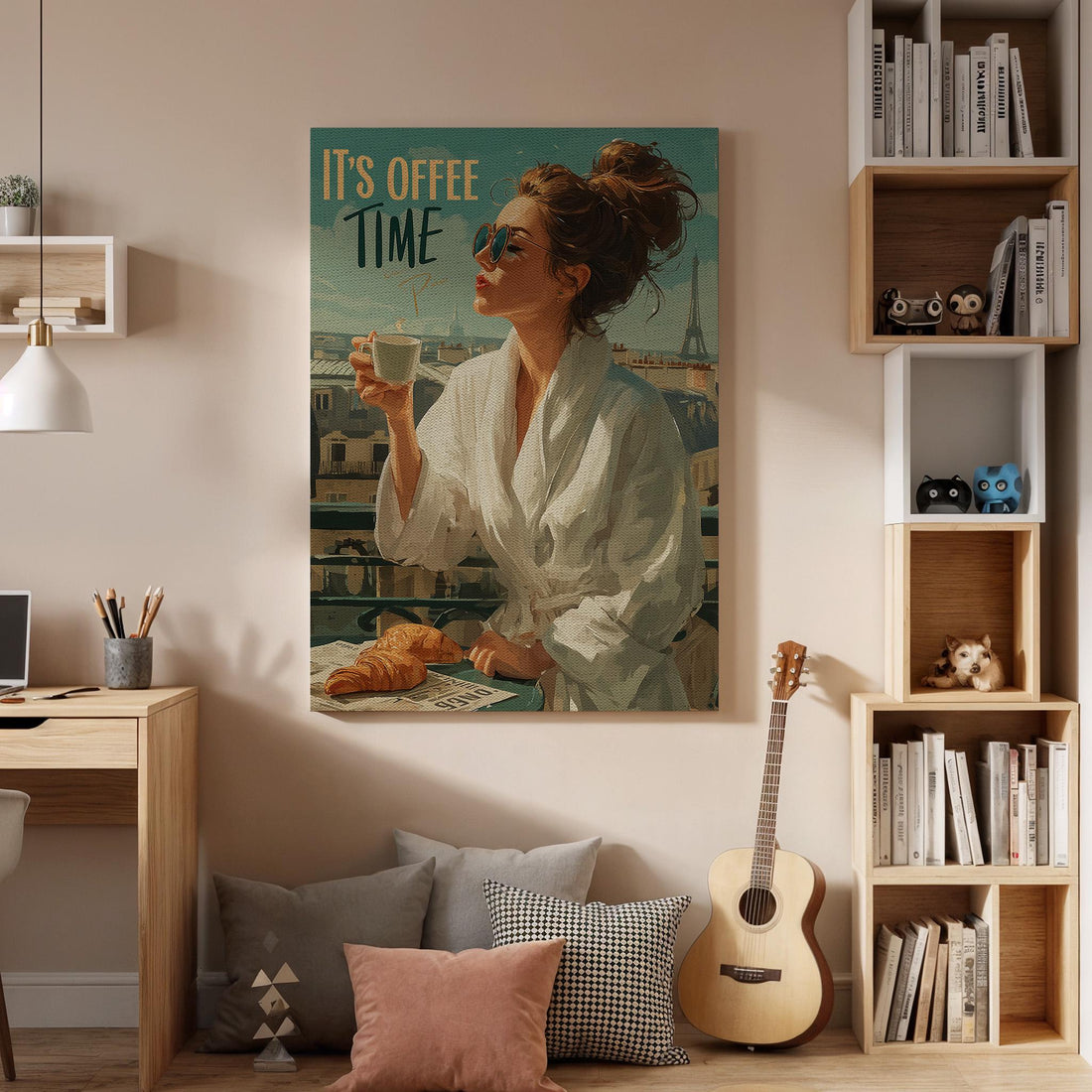 Coffee Time Woman Canvas Wall Art, Paris Balcony Illustration, Vintage Breakfast Print, Framed Modern Artwork for Kitchen or Dining Room