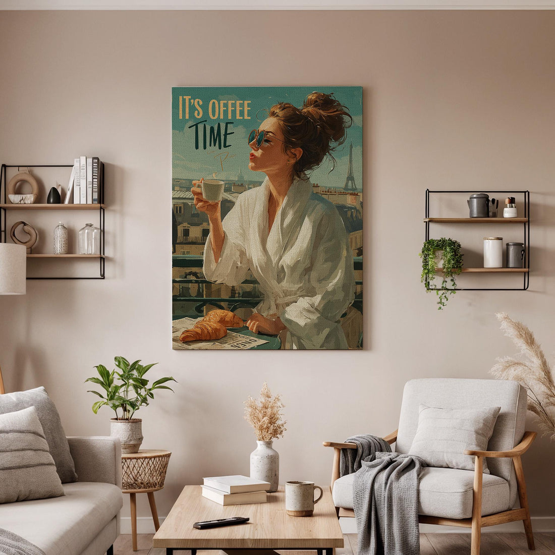 Coffee Time Woman Canvas Wall Art, Paris Balcony Illustration, Vintage Breakfast Print, Framed Modern Artwork for Kitchen or Dining Room