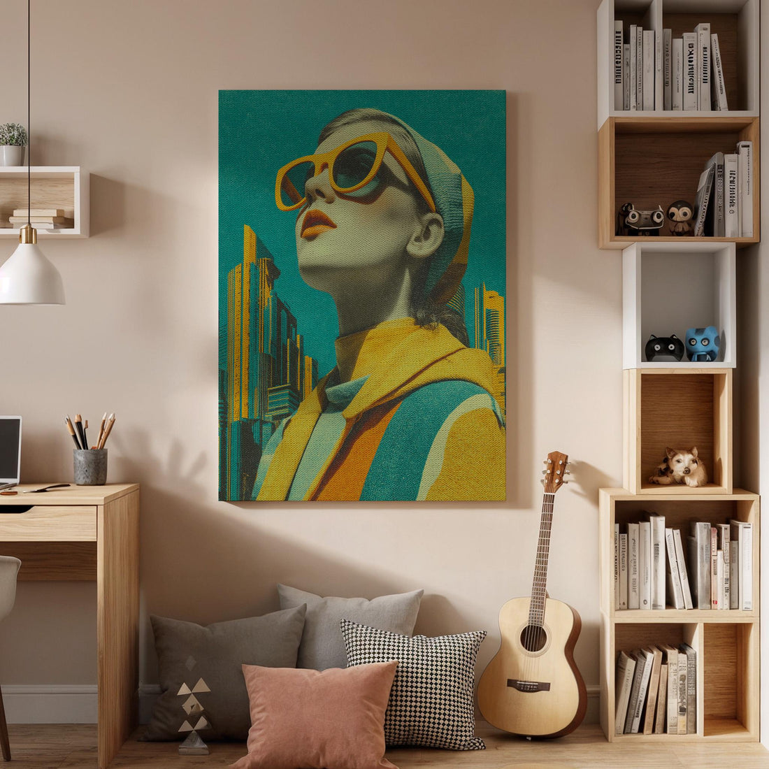 Retro Woman Pop Art Canvas, Modern Framed Cityscape Portrait