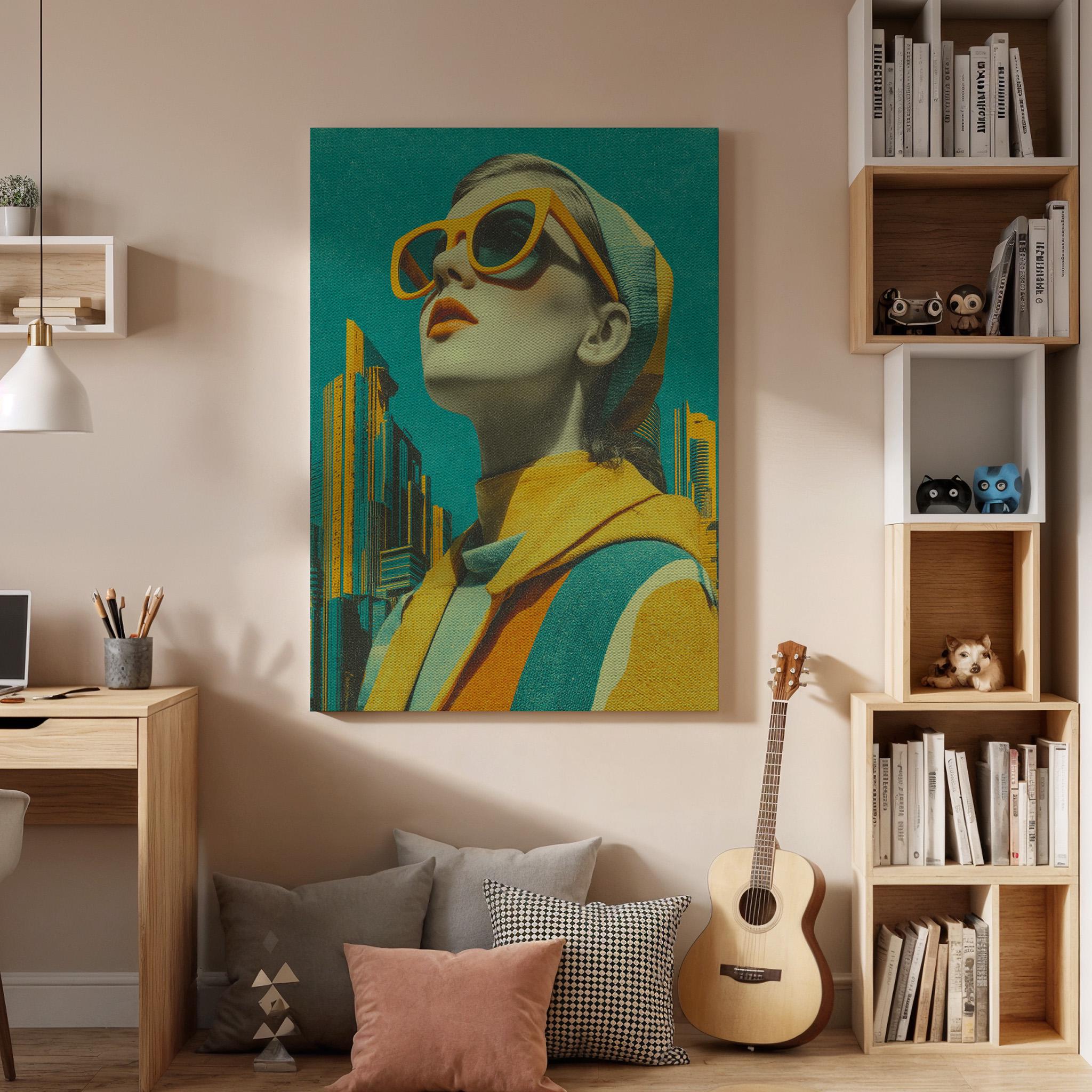 Retro Woman Pop Art Canvas, Modern Framed Cityscape Portrait