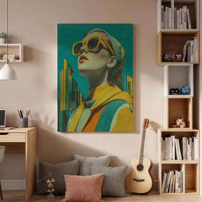 Retro Woman Pop Art Canvas, Modern Framed Cityscape Portrait