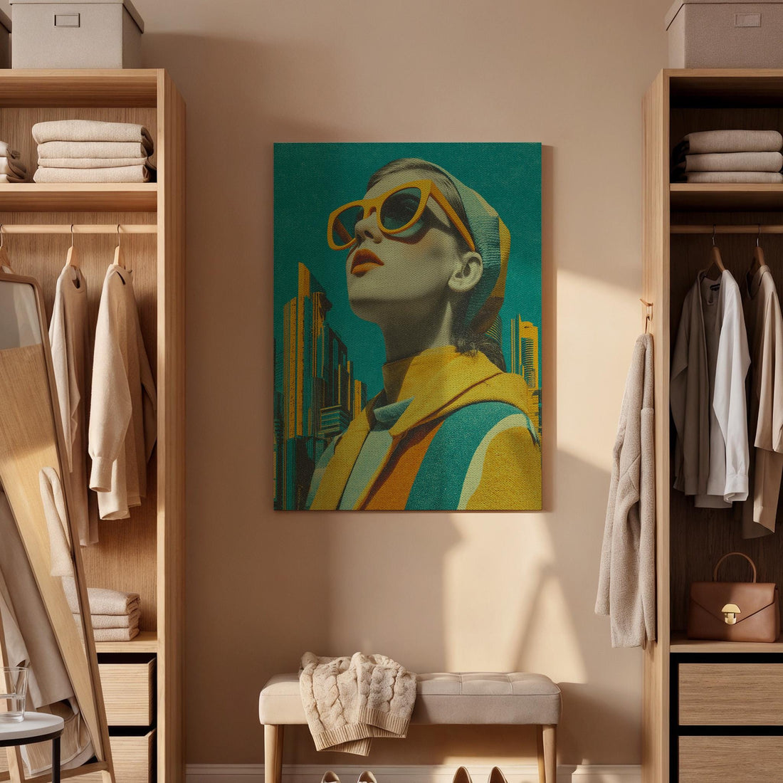Retro Woman Pop Art Canvas, Modern Framed Cityscape Portrait