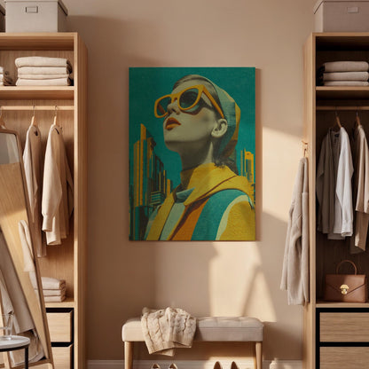 Retro Woman Pop Art Canvas, Modern Framed Cityscape Portrait