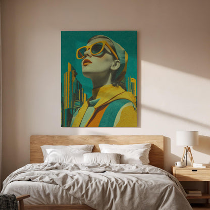 Retro Woman Pop Art Canvas, Modern Framed Cityscape Portrait