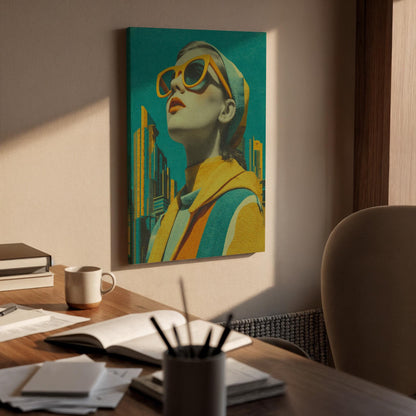 Retro Woman Pop Art Canvas, Modern Framed Cityscape Portrait