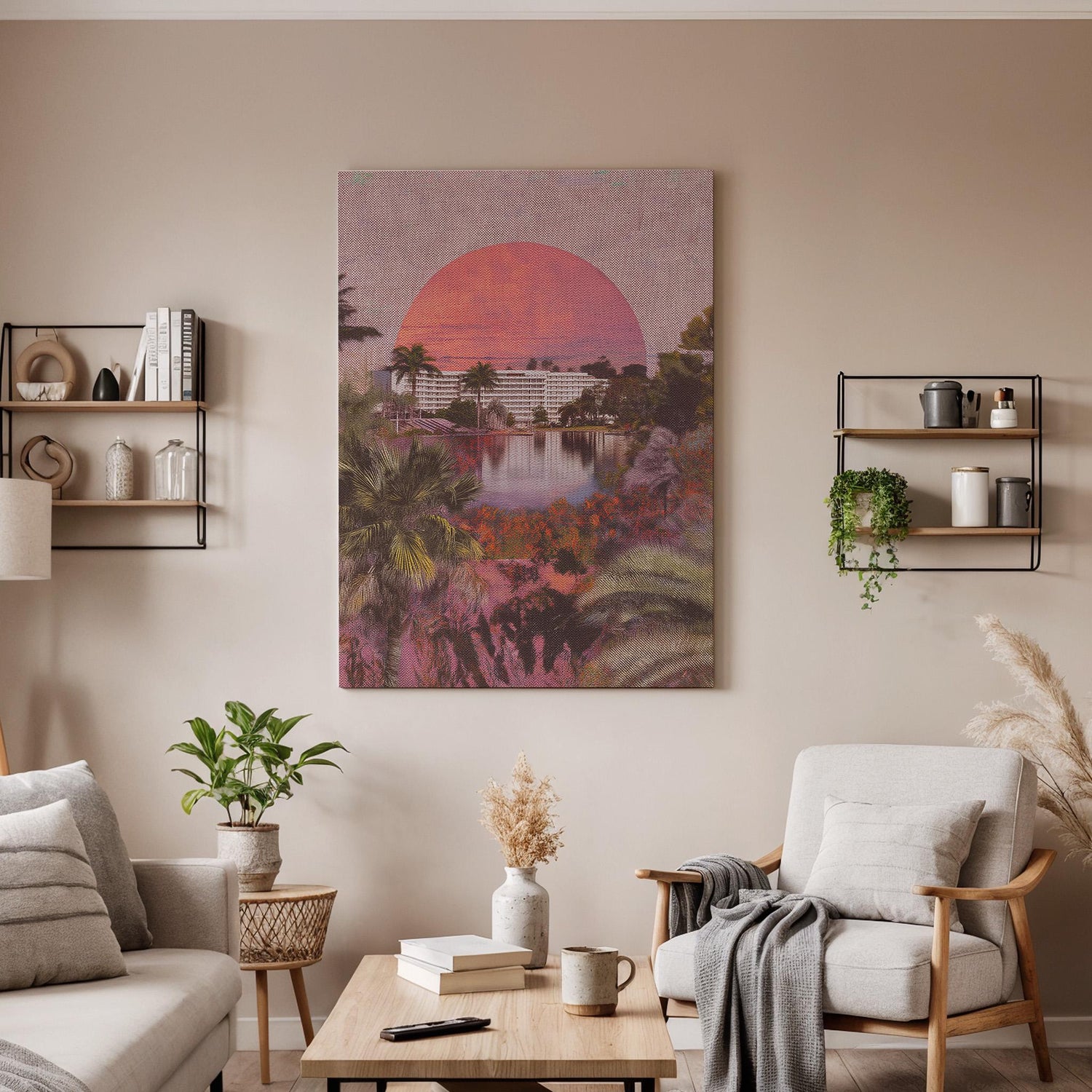 Retro Tropical Sunset Canvas Wall Art, Palm Tree Beach Landscape Print, Framed Vintage Style Nature Artwork for Living Room Bedroom