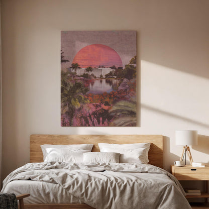 Retro Tropical Sunset Canvas Wall Art, Palm Tree Beach Landscape Print, Framed Vintage Style Nature Artwork for Living Room Bedroom