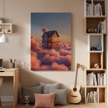 Floating House in Clouds Canvas Wall Art Framed, Dreamy Fantasy Sunset Print, Surreal Sky Home Decor for Bedroom, Meditation Space
