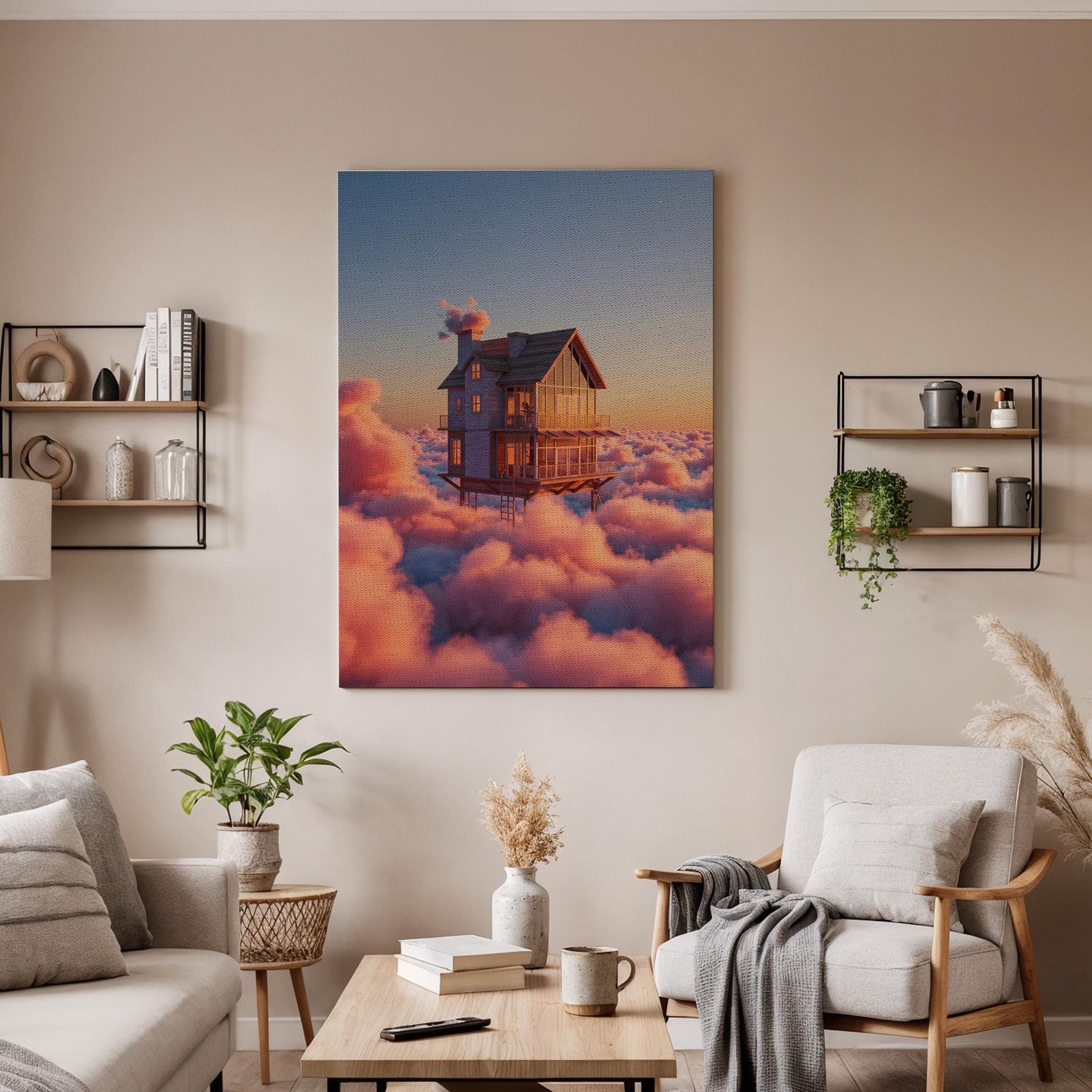 Floating House in Clouds Canvas Wall Art Framed, Dreamy Fantasy Sunset Print, Surreal Sky Home Decor for Bedroom, Meditation Space