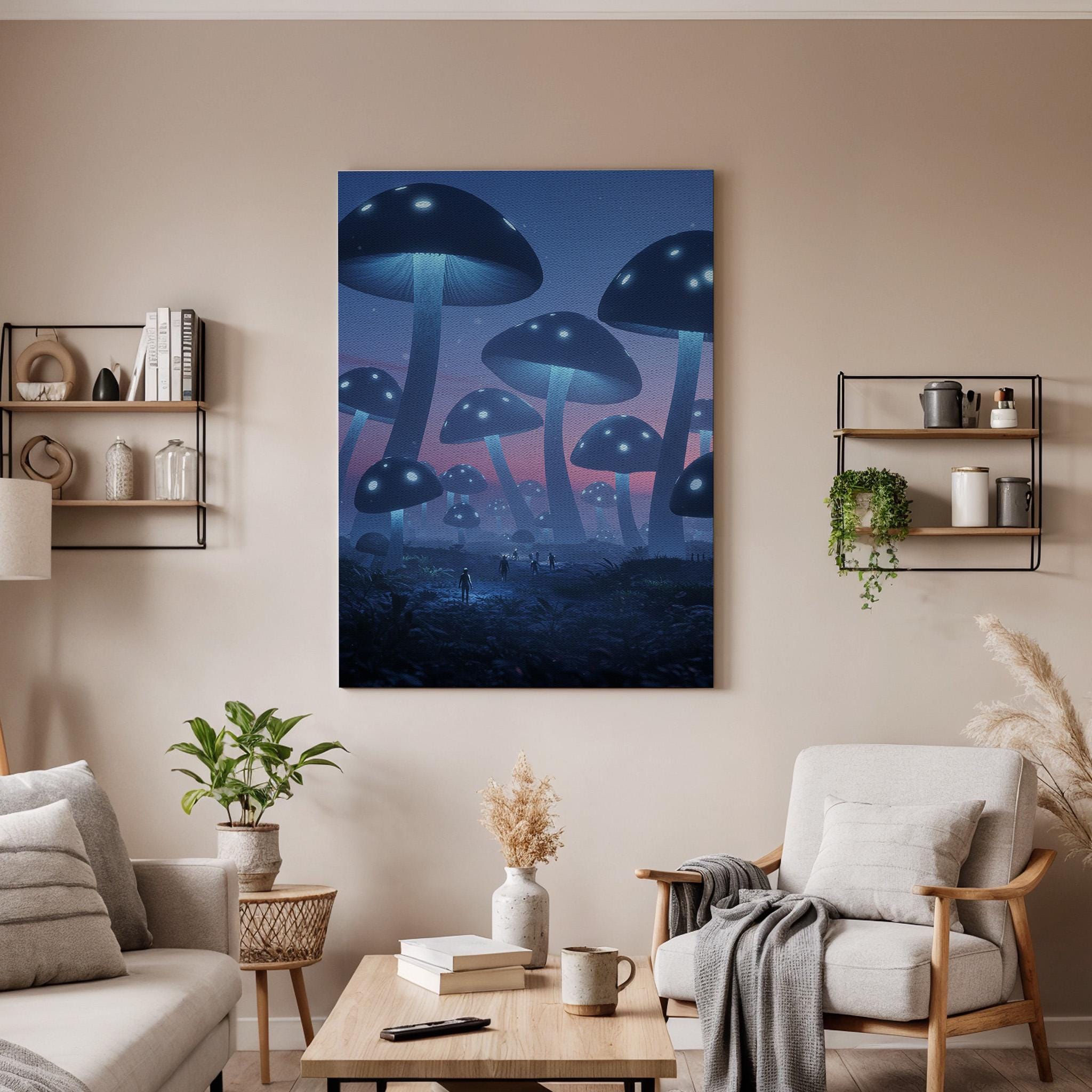 Glowing Mushroom Canvas Art, Fantasy Forest Print, Bioluminescent Decor