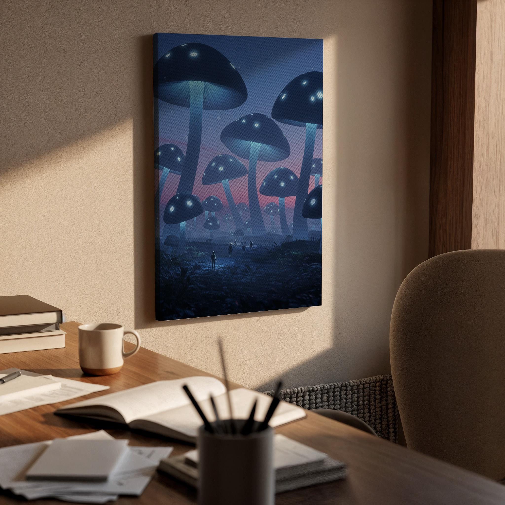Glowing Mushroom Canvas Art, Fantasy Forest Print, Bioluminescent Decor