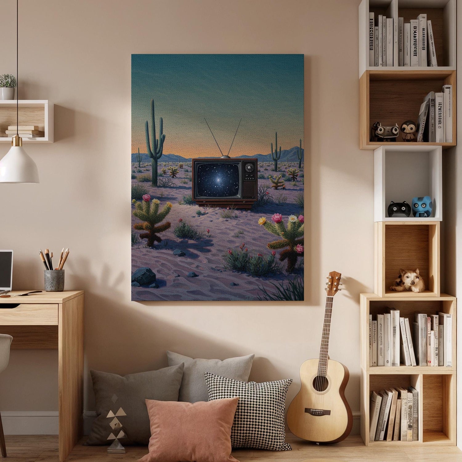 Surreal Desert Galaxy TV Canvas Wall Art, Framed Retro Sci Fi Artwork, Trippy Cactus Landscape Print for Modern Home, Studio or Bedroom