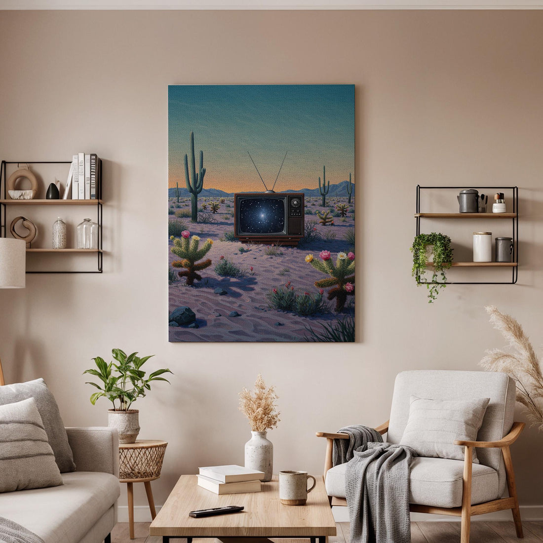 Surreal Desert Galaxy TV Canvas Wall Art, Framed Retro Sci Fi Artwork, Trippy Cactus Landscape Print for Modern Home, Studio or Bedroom