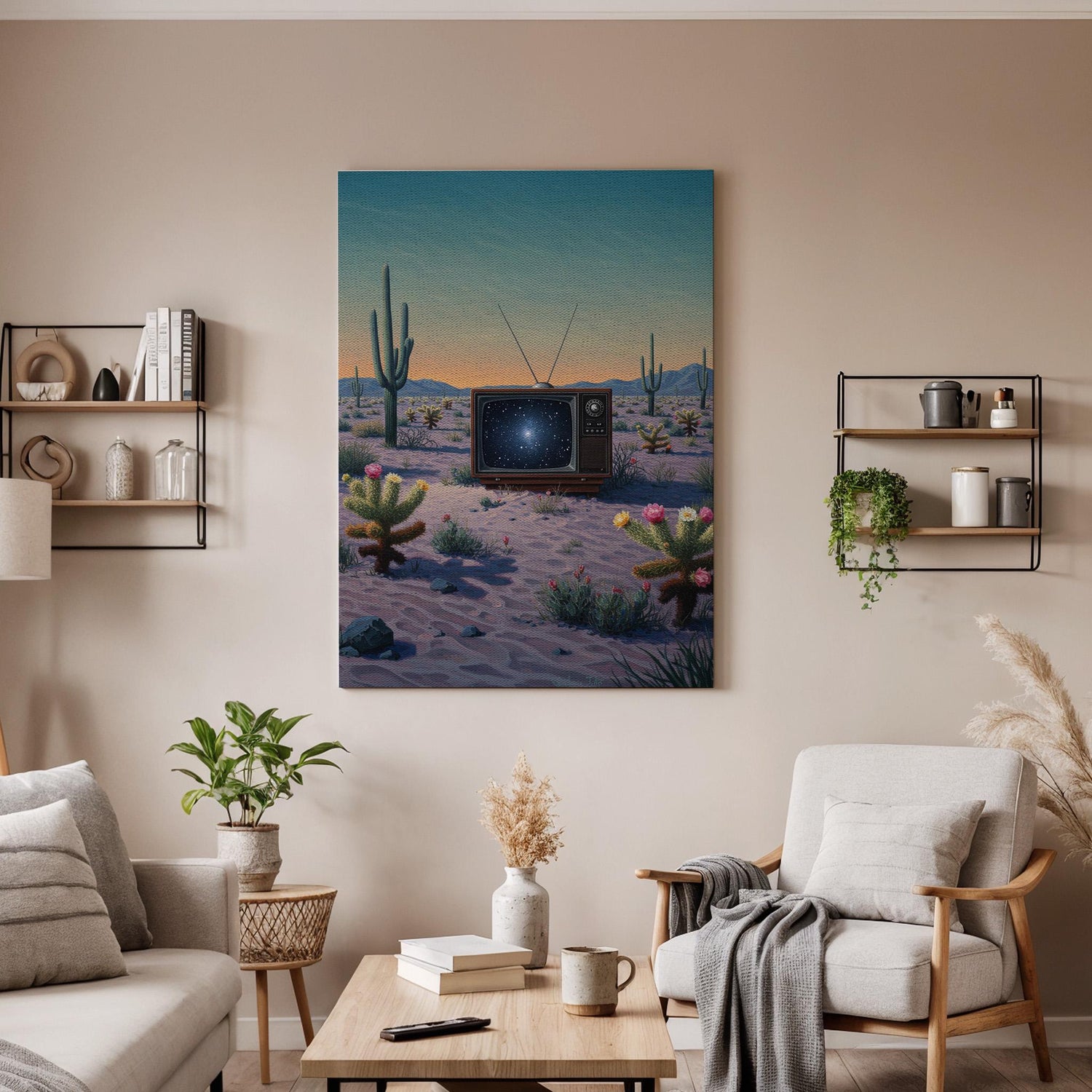 Surreal Desert Galaxy TV Canvas Wall Art, Framed Retro Sci Fi Artwork, Trippy Cactus Landscape Print for Modern Home, Studio or Bedroom