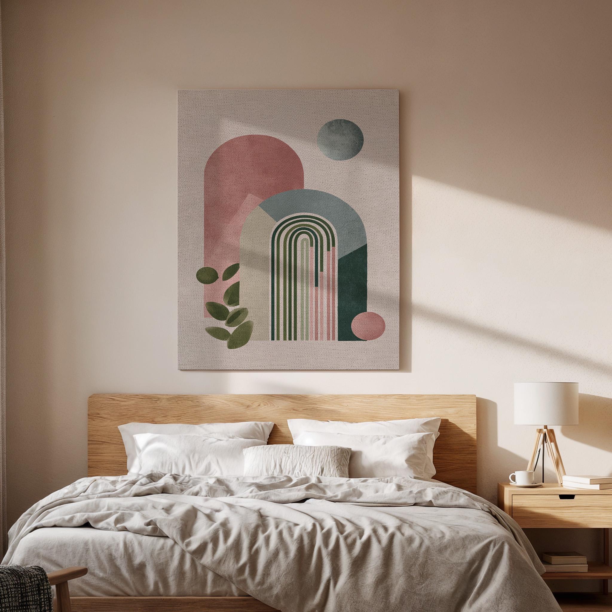 Geometric Abstract Canvas Wall Art, Minimal Rainbow Shapes Print, Modern Boho Framed Artwork, Mid Century Style Decor for Living Room