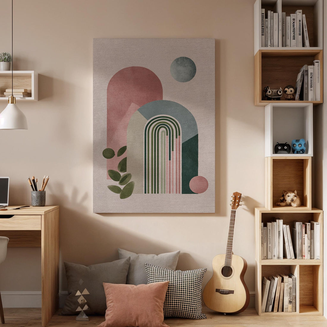 Geometric Abstract Canvas Wall Art, Minimal Rainbow Shapes Print, Modern Boho Framed Artwork, Mid Century Style Decor for Living Room