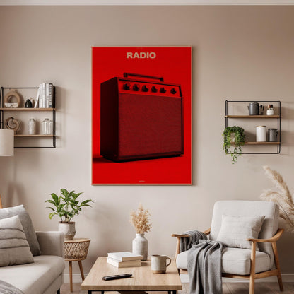 Red Radio Amplifier Canvas Wall Art, Minimal Music Lover Print, Modern Framed Artwork for Studio, Living Room or Bedroom, Bold Pop Art Decor
