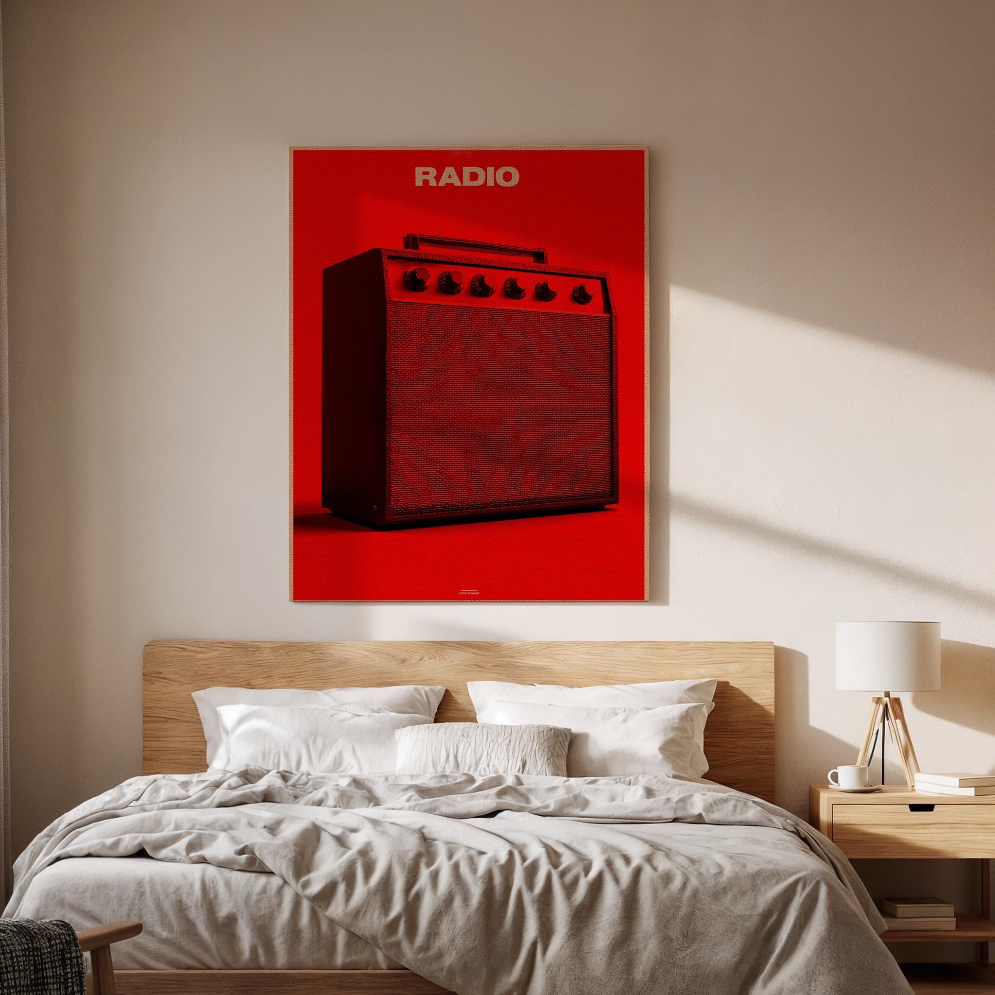 Red Radio Amplifier Canvas Wall Art, Minimal Music Lover Print, Modern Framed Artwork for Studio, Living Room or Bedroom, Bold Pop Art Decor
