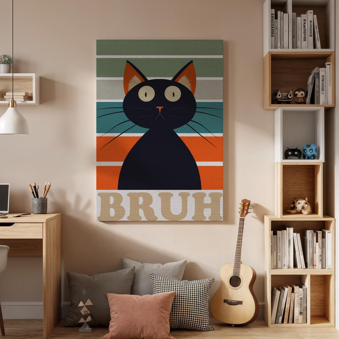Funny Black Cat Canvas Wall Art Bruh Meme Print, Retro Striped Framed Cat Poster, Humorous Animal Artwork for Living Room or Teen Room