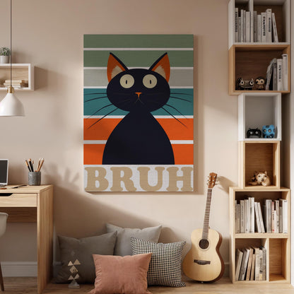 Funny Black Cat Canvas Wall Art Bruh Meme Print, Retro Striped Framed Cat Poster, Humorous Animal Artwork for Living Room or Teen Room