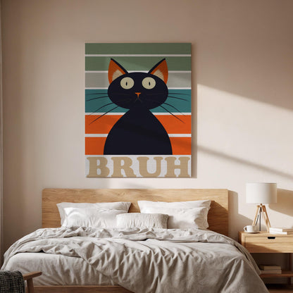 Funny Black Cat Canvas Wall Art Bruh Meme Print, Retro Striped Framed Cat Poster, Humorous Animal Artwork for Living Room or Teen Room