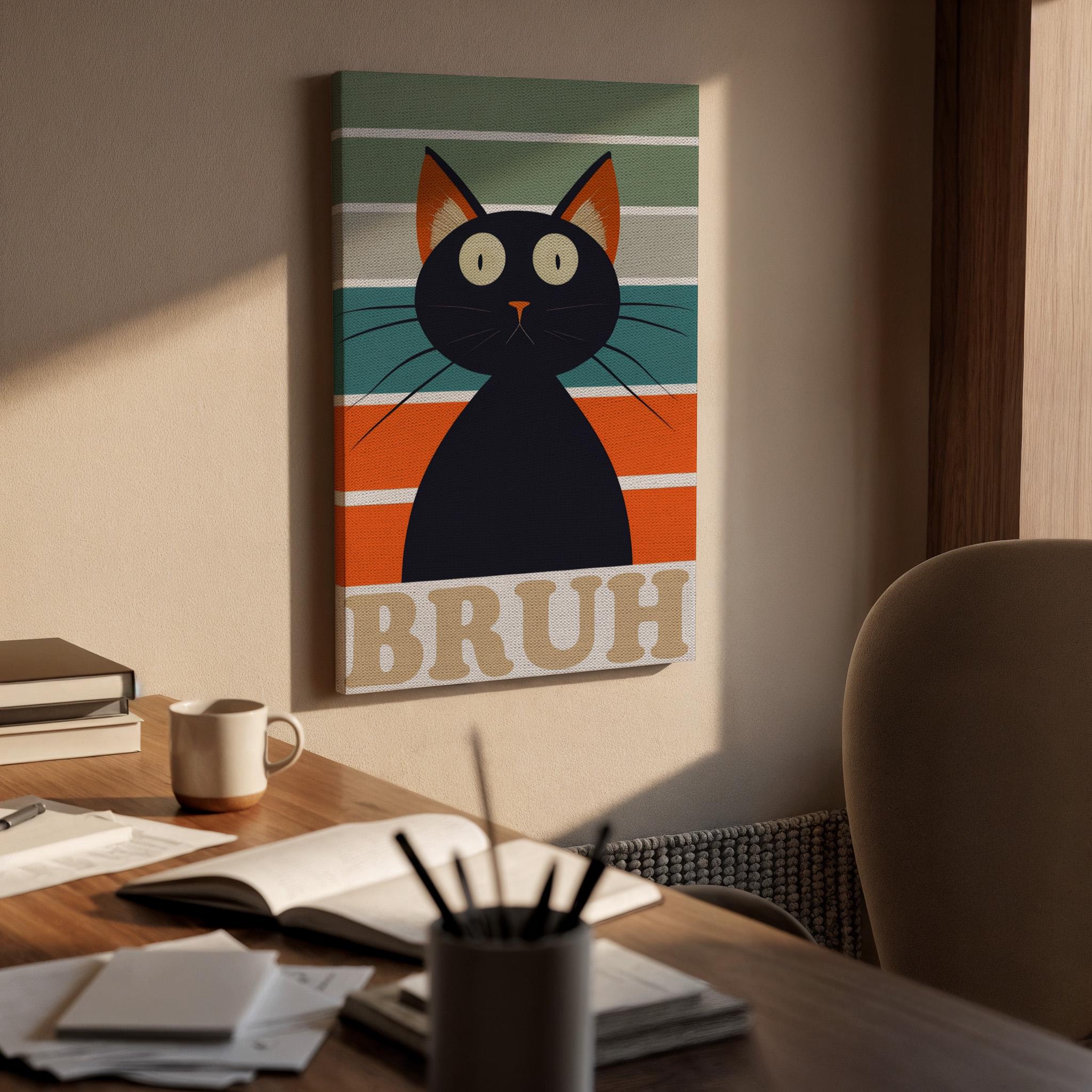 Funny Black Cat Canvas Wall Art Bruh Meme Print, Retro Striped Framed Cat Poster, Humorous Animal Artwork for Living Room or Teen Room