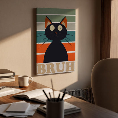 Funny Black Cat Canvas Wall Art Bruh Meme Print, Retro Striped Framed Cat Poster, Humorous Animal Artwork for Living Room or Teen Room