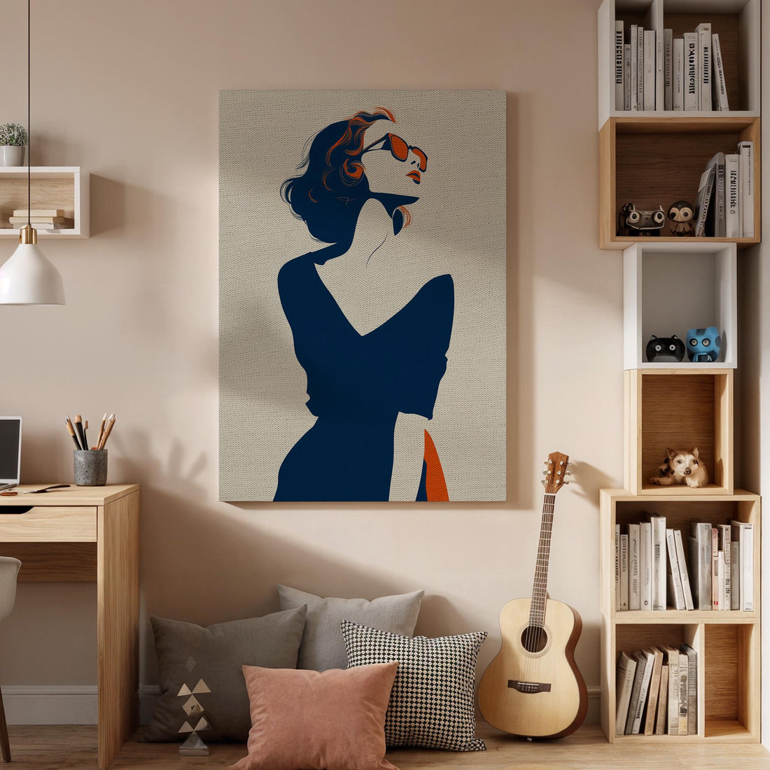 Minimal Woman Canvas Wall Art Framed, Elegant Retro Pop Fashion Silhouette Print, Chic Blue Beige Artwork for Closet or Dressing Room