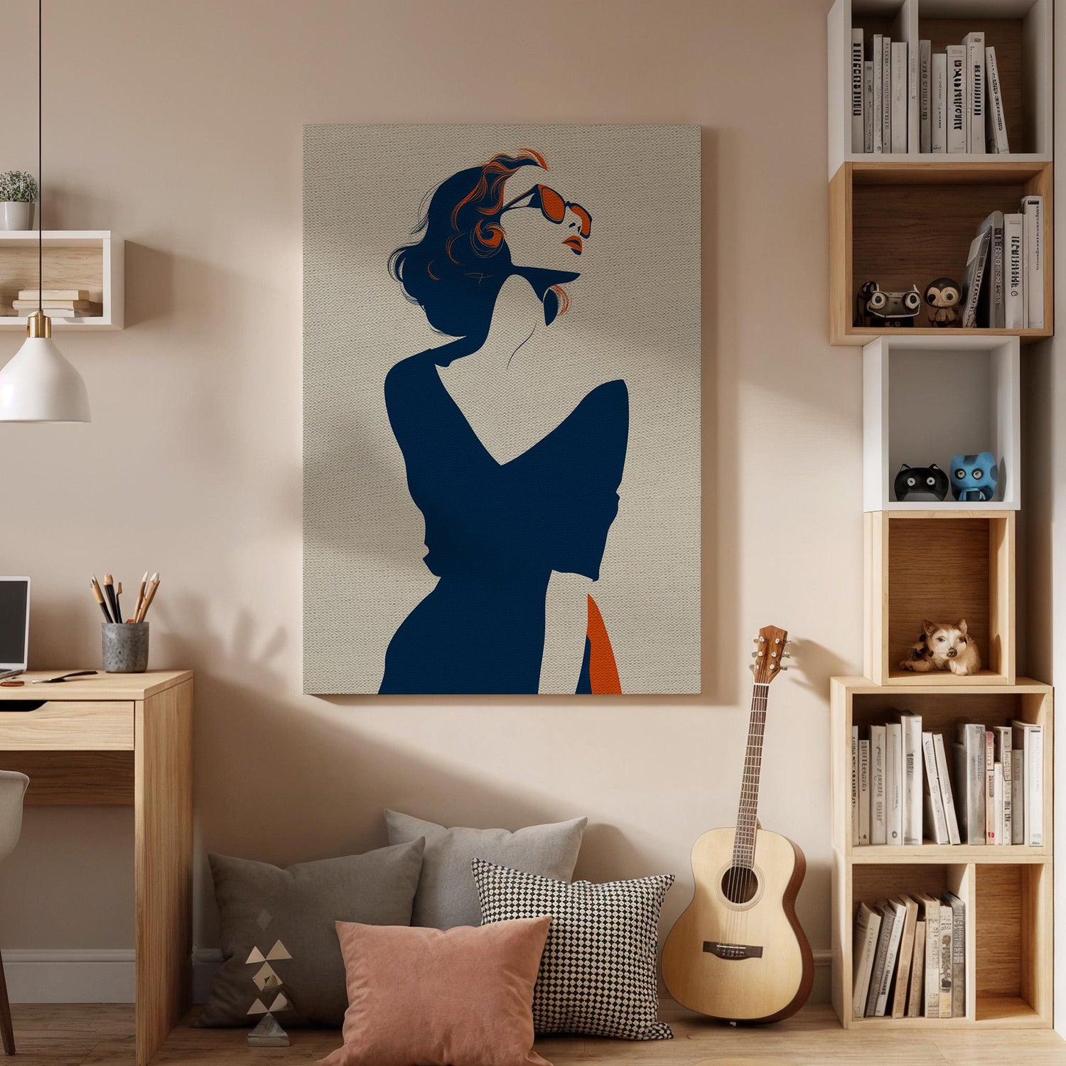 Minimal Woman Canvas Wall Art Framed, Elegant Retro Pop Fashion Silhouette Print, Chic Blue Beige Artwork for Closet or Dressing Room