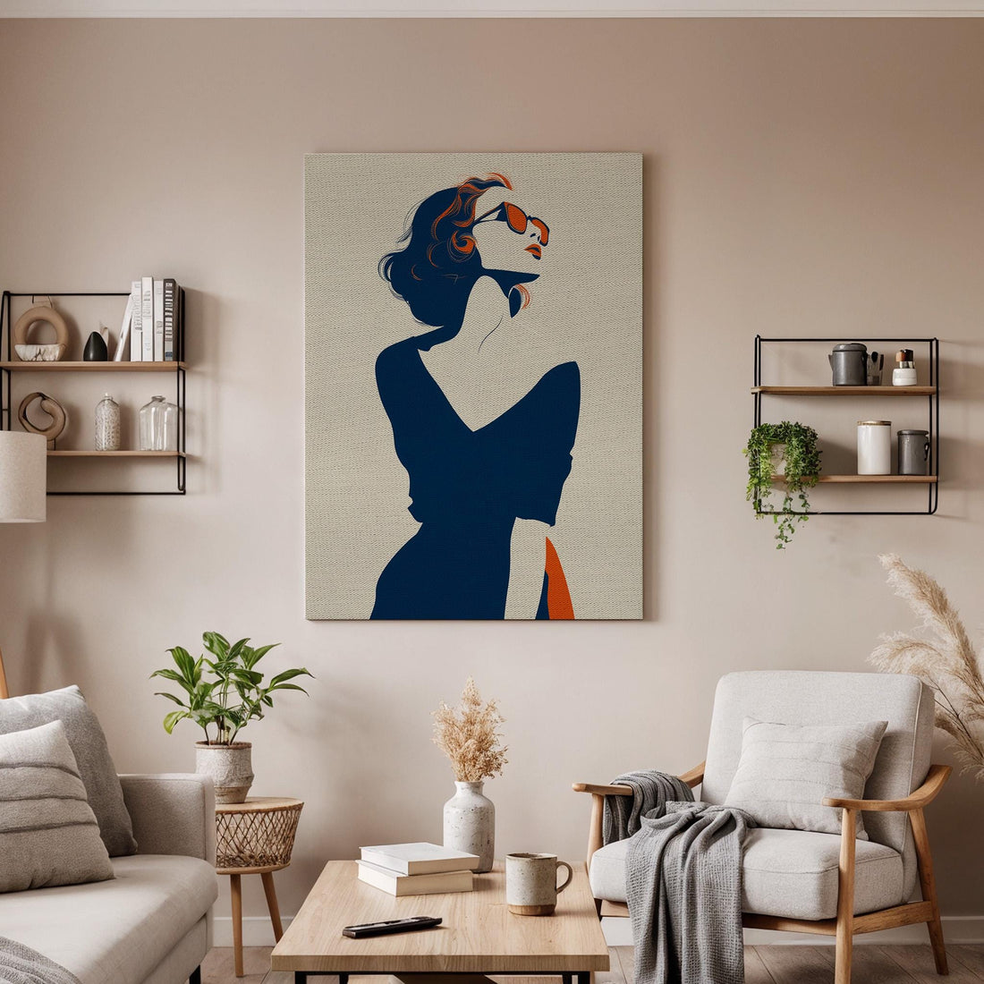 Minimal Woman Canvas Wall Art Framed, Elegant Retro Pop Fashion Silhouette Print, Chic Blue Beige Artwork for Closet or Dressing Room