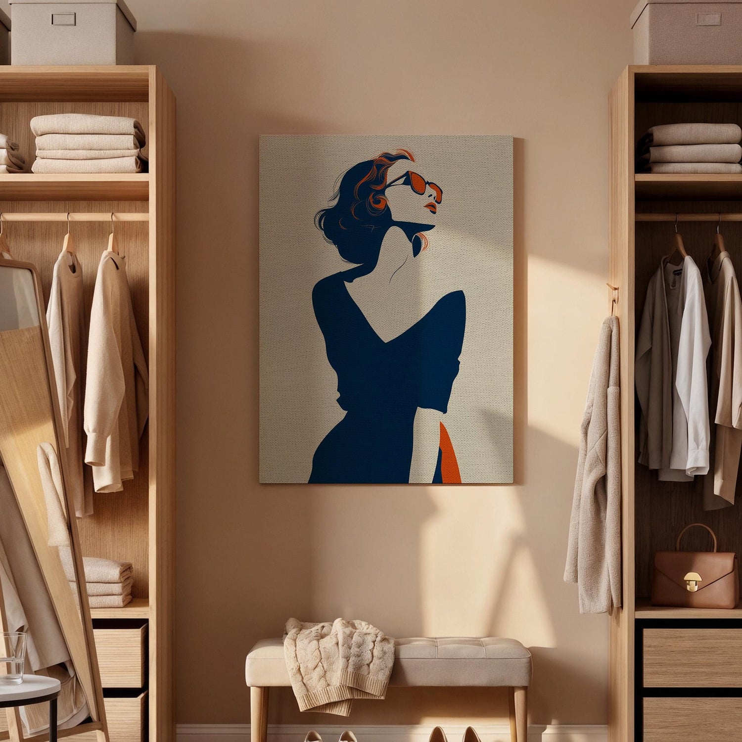 Minimal Woman Canvas Wall Art Framed, Elegant Retro Pop Fashion Silhouette Print, Chic Blue Beige Artwork for Closet or Dressing Room