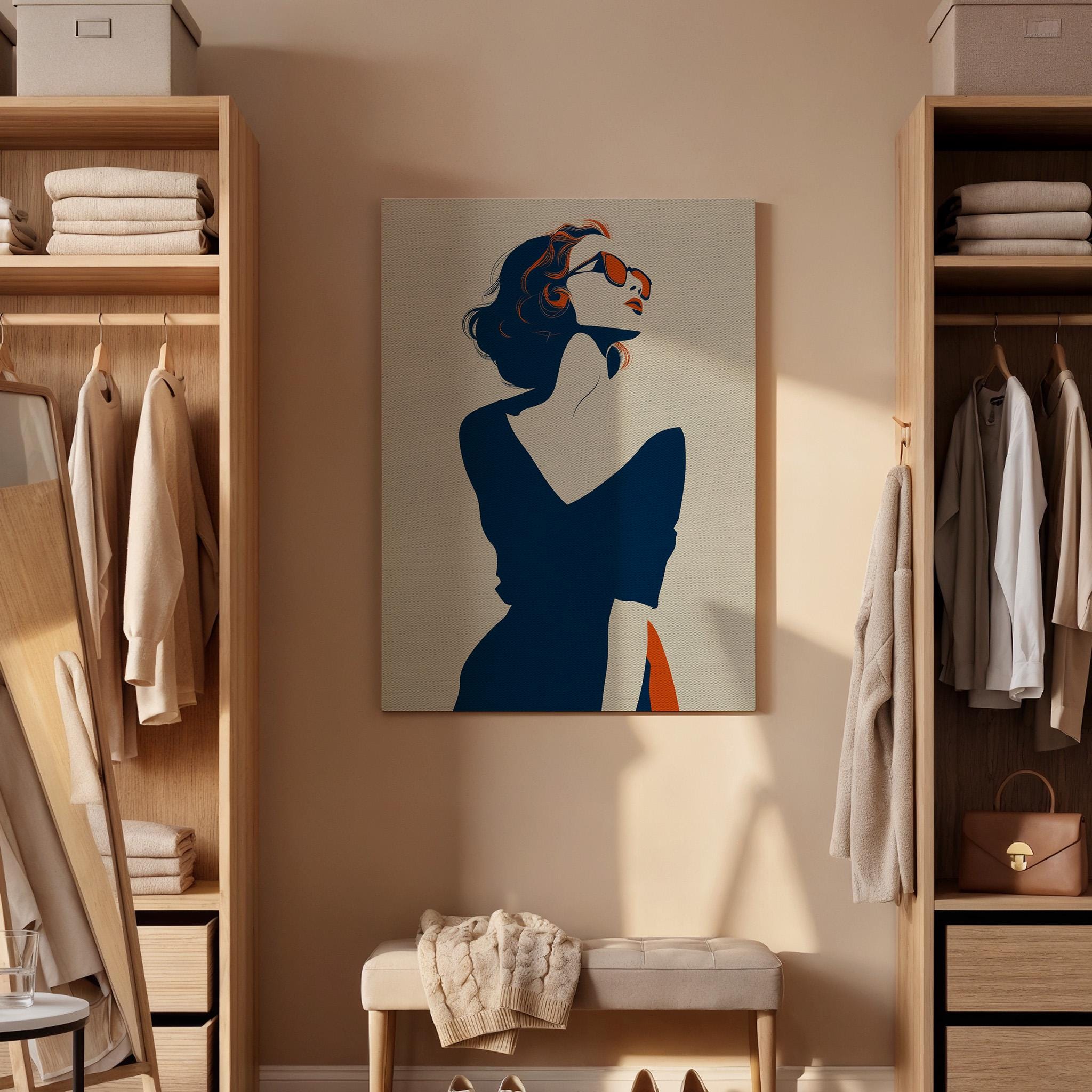 Minimal Woman Canvas Wall Art Framed, Elegant Retro Pop Fashion Silhouette Print, Chic Blue Beige Artwork for Closet or Dressing Room