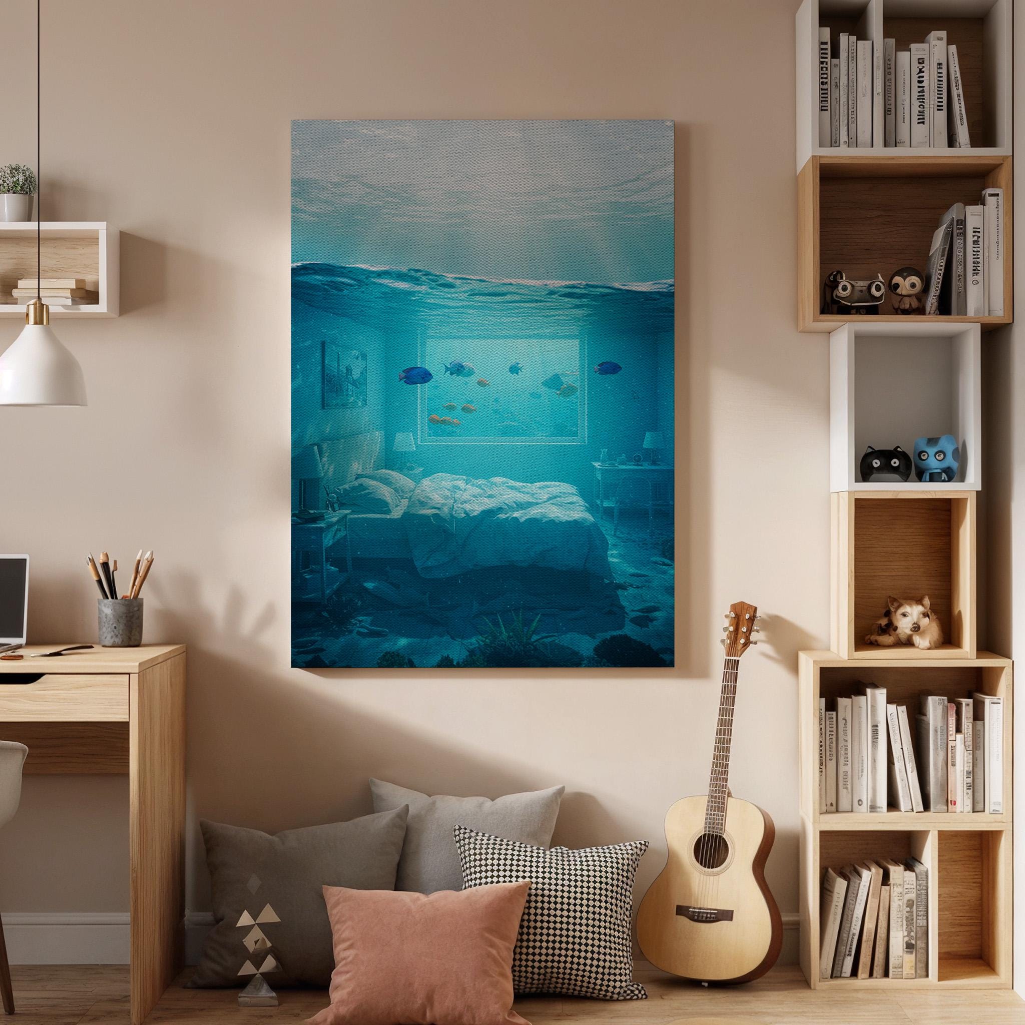 Underwater Bedroom Canvas Wall Art, Surreal Ocean Dream Print, Framed Fantasy Aquarium Decor for Modern Home, Living Room or Studio